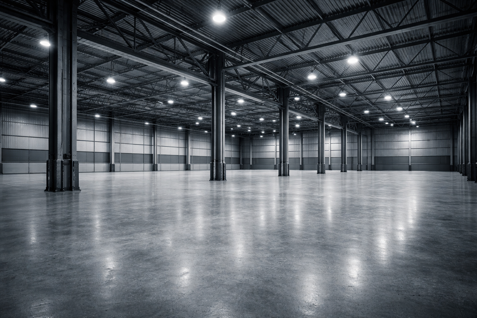 Cleared industrial building with an open floor, ready for its next use